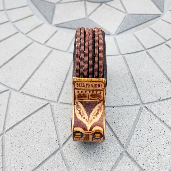 Colombia Folk Art Handcrafted Leather Bus Scalloped Coaster Holder Souvenir - Picture 5 of 11